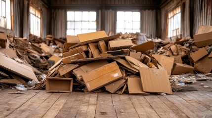 This image illustrates a dominant stack of cardboard boxes situated in a dimly lit space, representing the clutter and waste common in contemporary urban environments.