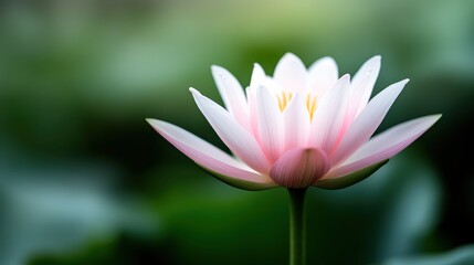 A pristine pink lotus flower rises gracefully above the surface of still water, symbolizing beauty, purity, and tranquility in a serene natural environment.
