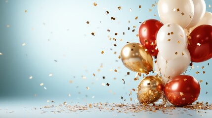 A bunch of festive balloons accompanied by cascading confetti creates a joyful ambiance suitable for celebrations, capturing the essence of happiness and togetherness in every gathering.