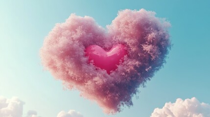 A whimsical, heart-shaped cloud filled with soft pink and blue swirls floats against a vibrant sky,