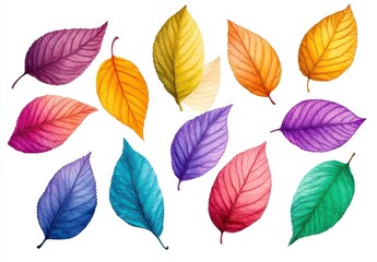 Obraz premium Colorful Watercolor Leaves Collection in Various Shapes and Colors
