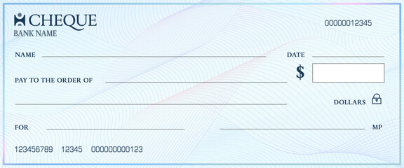 Bank cheque template with watermark. Blank chequebook check vector mockup with blue guilloche pattern background. Finance payment document, bank cheque, money certificate, voucher with wavy watermark