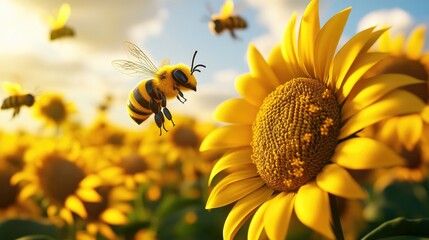 A cheerful cartoon bee with large eyes and striped body flies joyfully next to a surprised sunflower character with a round face and wide eyes,