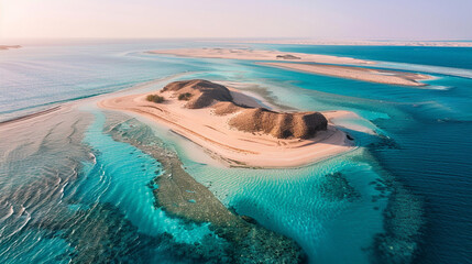 Aerial shot of the Farasan Islands, Saudi Arabia, untouched beaches, pristine waters