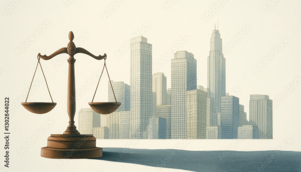 Poster the scales and gavel representing justice, with an urban skyline in soft focus behind them. the back