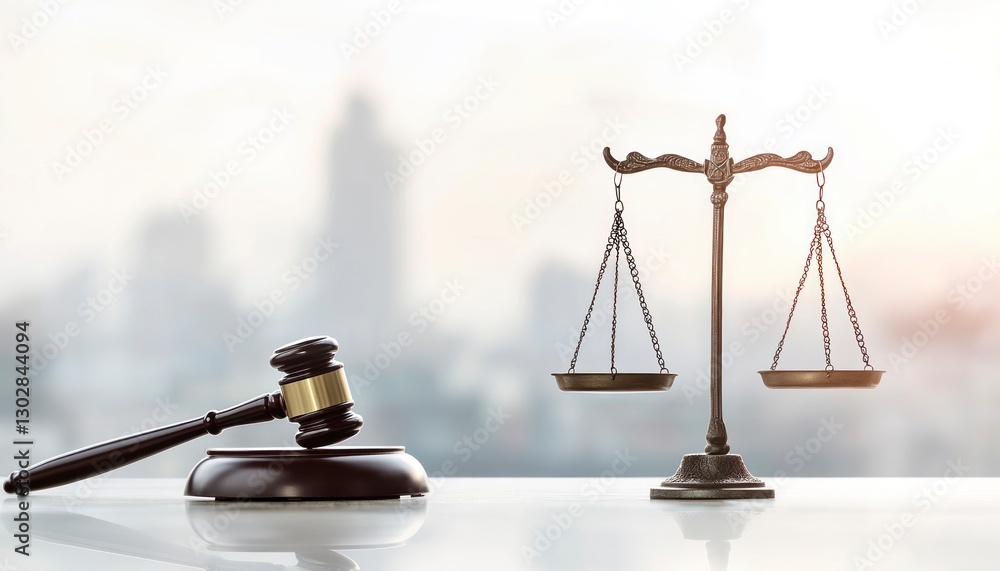 Poster the scales and gavel representing justice, with an urban skyline in soft focus behind them. the back