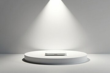 Fototapeta premium A sleek, closed portable device rests on a minimalist circular platform, illuminated by a single spotlight in a bright, clean studio setting.