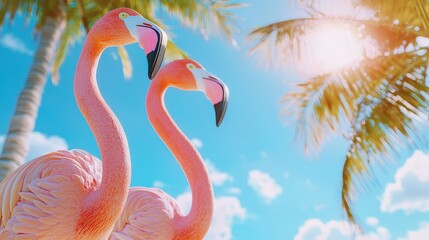 Obraz premium Flamingos and palm trees in a dynamic island-inspired design.
