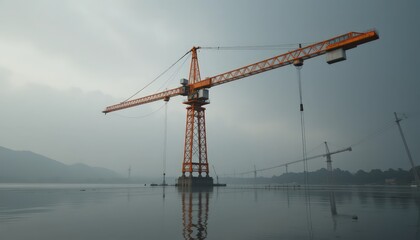 Fototapeta premium Orange Crane by the Lake: A Construction Site's Serene Reflection