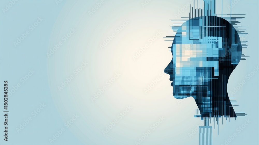 Poster human silhouette with digital patterns representing ai and machine learning in entrepreneurship cont