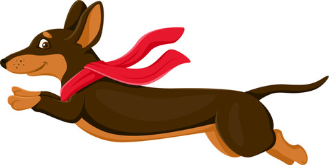 Cartoon dachshund dog puppy character leaping through the air, wearing flowing red scarf. Playful animal pet with its ears perked appears dynamic and adventurous, symbolizing speed, excitement and joy