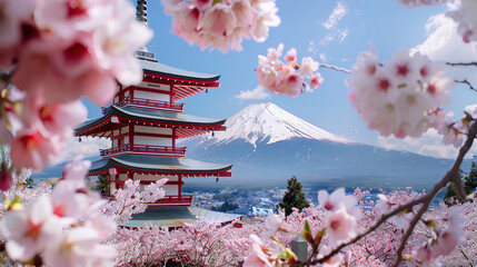 Cherry blossoms surrounding the Chureito Pagoda, Japan, iconic view of Mount Fuji