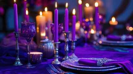A beautifully set dining table adorned with a purple tablecloth.