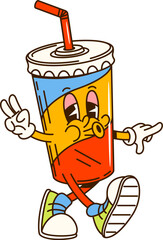 Cinema movie cartoon groovy soda drink character. Cinema takeaway drink 60s 70s groovy vector personage, movie or video watching entertainment soda disposable cup with straw and lid cute mascot