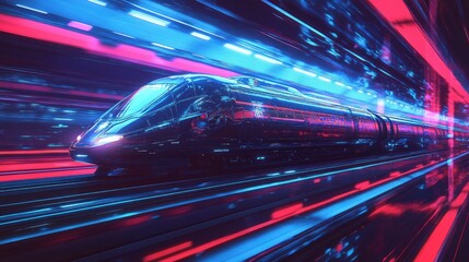 Fototapeta premium A sleek, futuristic red train glides along a track,