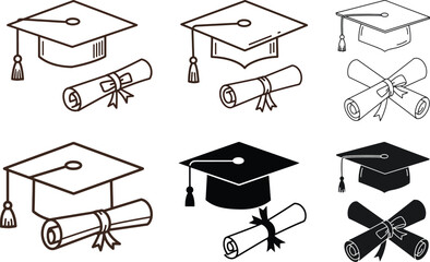 Fototapeta premium Graduation Cap and Diploma Vector, Academic Achievement Icon Set, Education Symbols, Black and White Graduation Illustration, Graduation Hat and Scroll Design