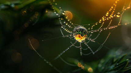 Close-up of a raindrop resting on a delicate spider web, intricate reflections, macro photography