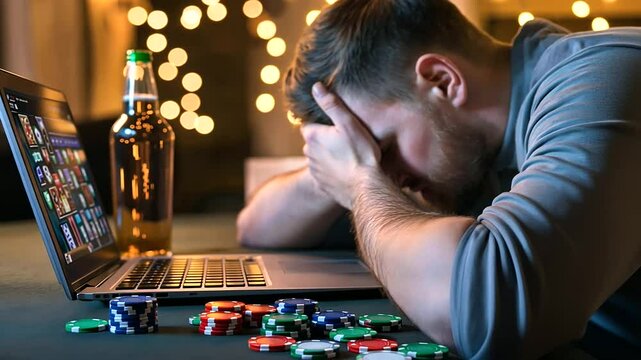A man slumped at his desk, staring blankly at a laptop showing a losing streak in an online casino game, with a beer bottle and scattered poker chips emphasizing the addiction.