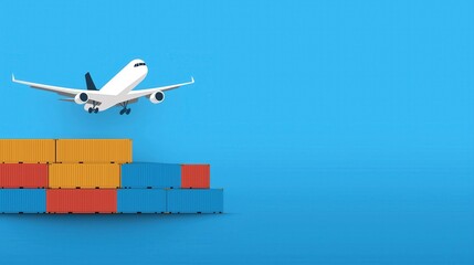 Airplane Taking Off Above Stacked Shipping Containers in a Bright Blue Background