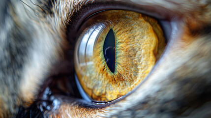 Extreme close-up of a cat eye, highly detailed reflections, mesmerizing depth
