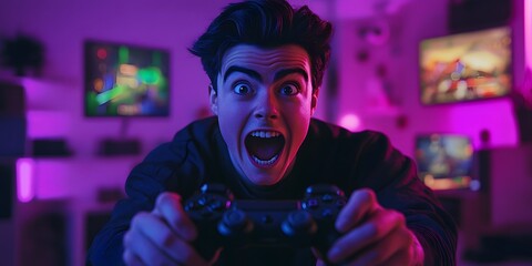 Gamer's Intense Focus: A young man engrossed in an immersive gaming experience, his face illuminated by the colorful glow of screens, clutching a controller with focused intensity.