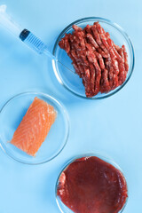 GMO concept. Different products and syringe on light blue table, flat lay