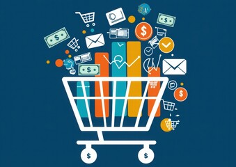Colorful Shopping Cart with Money and Shopping Icons on Blue Background