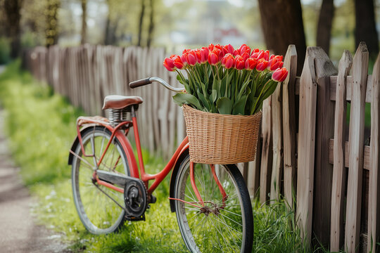 a basket of orange flowers is attached to a bicycle handlebars on a wooden fence with a basket of orange flowers - Powered by Adobe