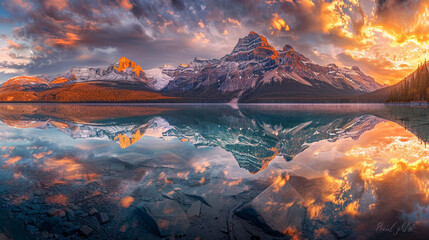 Golden sunrise over Peyto Lake, Canada, glacier-fed turquoise waters