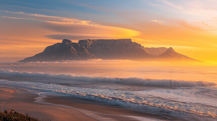 Golden sunrise over Table Mountain, South Africa, mist rising over Cape Town