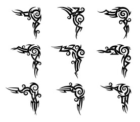Black tribal celtic and maori tattoos set. Vector set of corners, decorative angle borders in ancient folk style with curves or swirls. Traditional monochrome ornaments, patterns or embellishments