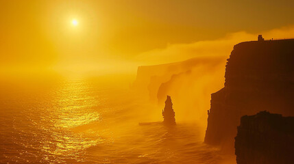 Golden sunset over the Cliffs of Moher, Ireland, warm light on rugged coastline