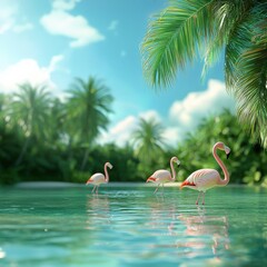 Obraz premium Flamingos exploring a serene tropical island landscape.