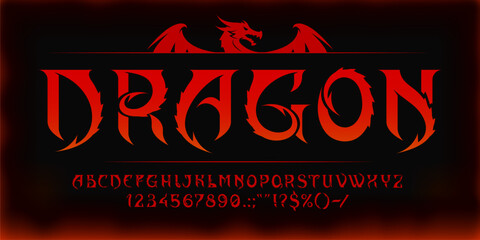 Asian dragon font, oriental chinese and japanese typeface, medieval fantasy type, game english alphabet. Vector typography red letters and numbers with magic dragon spikes, asian tattoo font alphabet © Buch&Bee