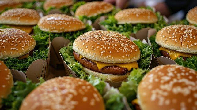 Close-up of freshly made hamburgers wrapped in white paper.