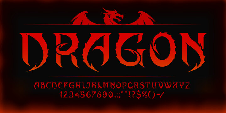 Asian dragon font, oriental chinese and japanese typeface, medieval fantasy type, game english alphabet. Vector typography red letters and numbers with magic dragon spikes, asian tattoo font alphabet