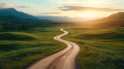 This captivating image showcases a winding path through lush green hills under soft sunlight, offering a serene and picturesque view that invites exploration and tranquility.