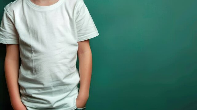 Casual Young Boy in White Shirt and Denim Jeans Against Green Background