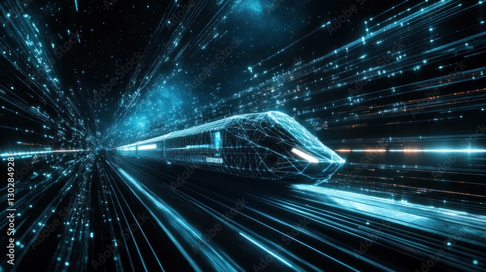 Poster modern futuristic train speeding through data network for efficient transportation
