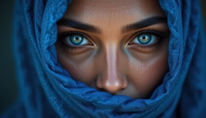 Naklejka premium Enigmatic Gaze: A Portrait of a Woman in a Blue Veil