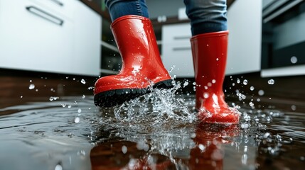 A joyful moment captured with red boots splashing water indoors, symbolizing enthusiasm and playfulness, evoking nostalgic feelings of carefree childhood.