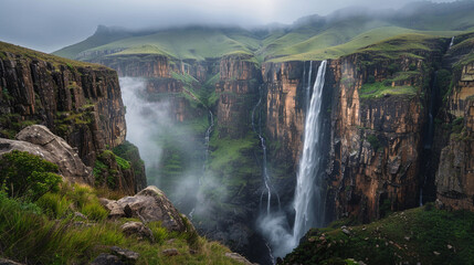 Fototapeta premium Long-exposure shot of Tugela Falls, South Africa, towering cascades, misty cliffs