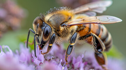 Fototapeta premium Macro shot of a honeybee collecting nectar from a bright flower, detailed wings