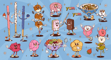 Cartoon groovy japanese cuisine dessert food characters. Retro psychedelic asian wagashi sweets vector personages. Groovy mochi cakes, biscuit sticks and matcha jelly, rice dumpling dango, yokan candy