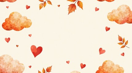 A whimsical autumnal design featuring orange clouds, falling hearts, and leaves. Perfect for seasonal greetings or romantic projects.