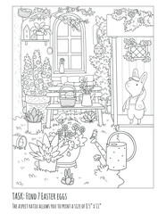 Vector contour illustration of Rabbit in spring garden. Easter egg hunt. Coloring page. 
