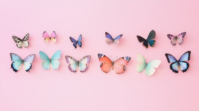 A collection of delicate paper butterflies in various shades of pink and lavender,