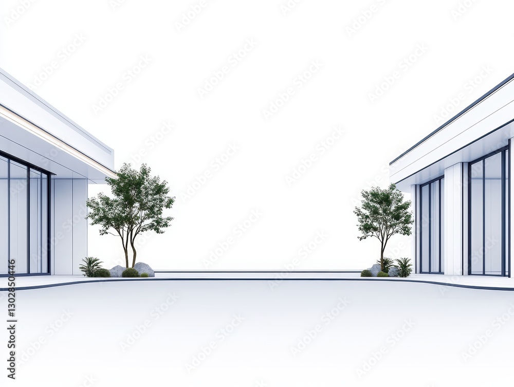 Aufkleber modern architectural design featuring two buildings with greenery in a serene setting