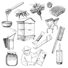 Vector set of hand-drawn illustrations of beekeeping accessories. Black and white sketches with honey, tools, beehive and beekeeper with honeycomb frame.