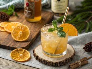 Fototapeta premium On a wooden tray with a coaster, a Mai Tai cocktail, garnished with mint, orange, and a black straw, is presented, suggesting a refreshing and celebratory drink